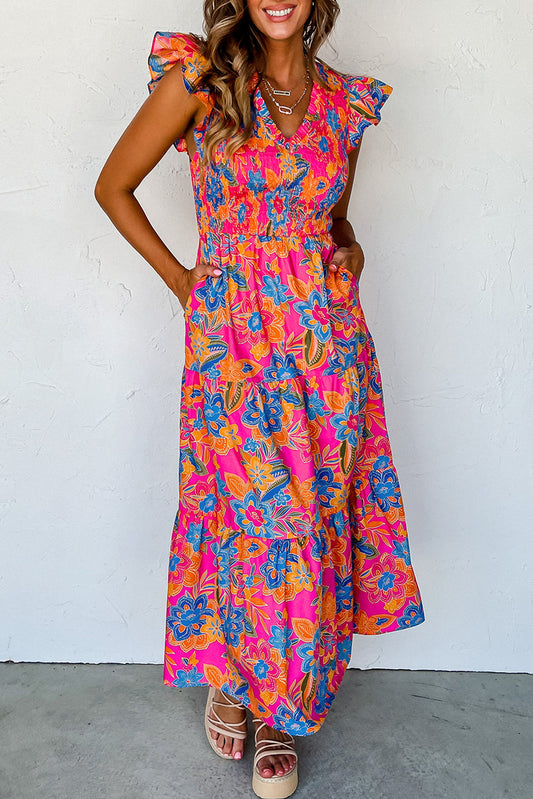 Rosenrot boho floral v-ausschnitt rüschen gestreift langes kleid