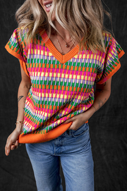 Orange multi flatterärmel strickpullover top