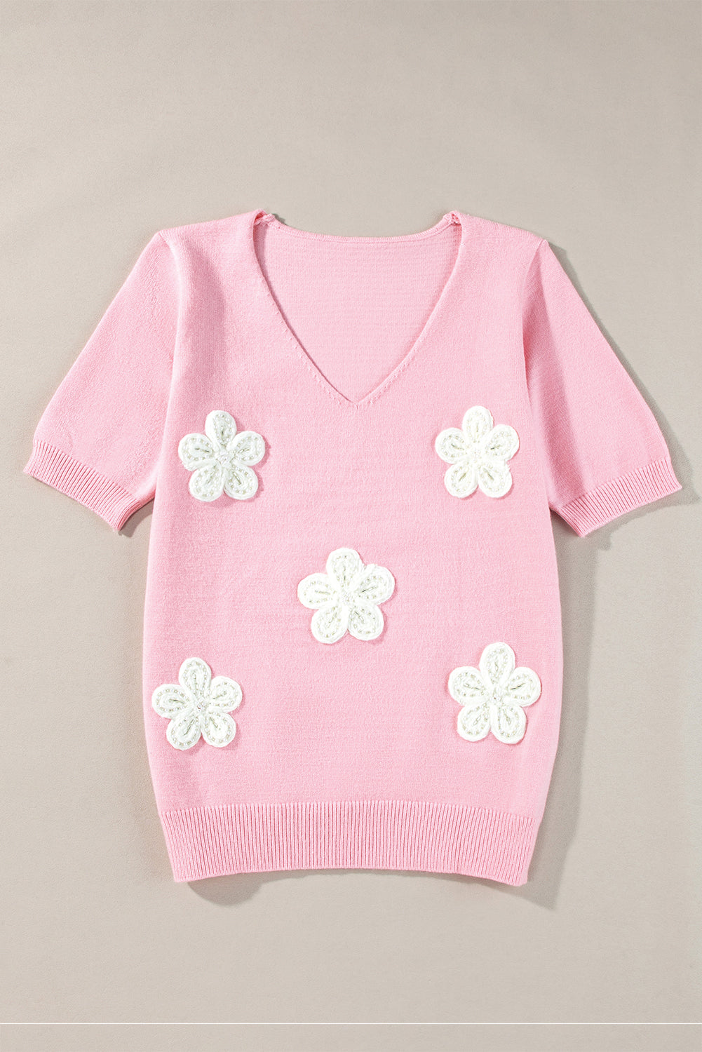Rosa blume gehäkelt v-ausschnitt kurzarm pullover