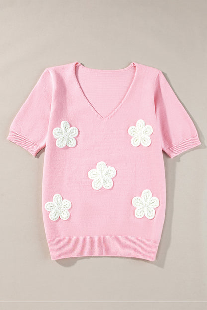 Rosa blume gehäkelt v-ausschnitt kurzarm pullover