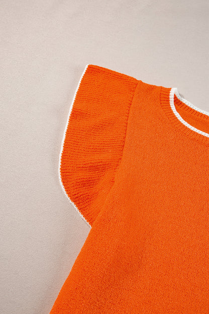 Russet orange kontrast trim rüschen ärmel gestrickt top