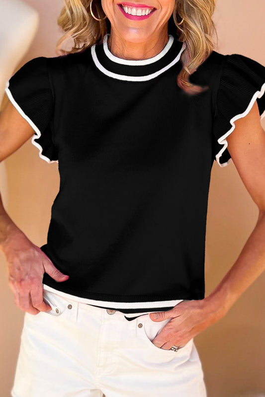 Schwarzer rand paspel geraffte ärmel rundhalsausschnitt stricken t shirt