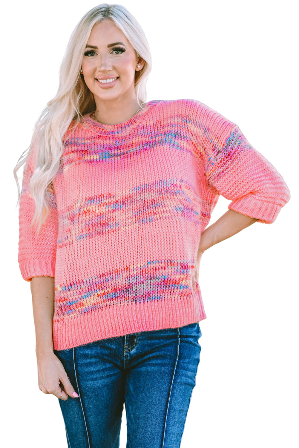 Rose bunte streifen 3/4 ärmel lose pullover