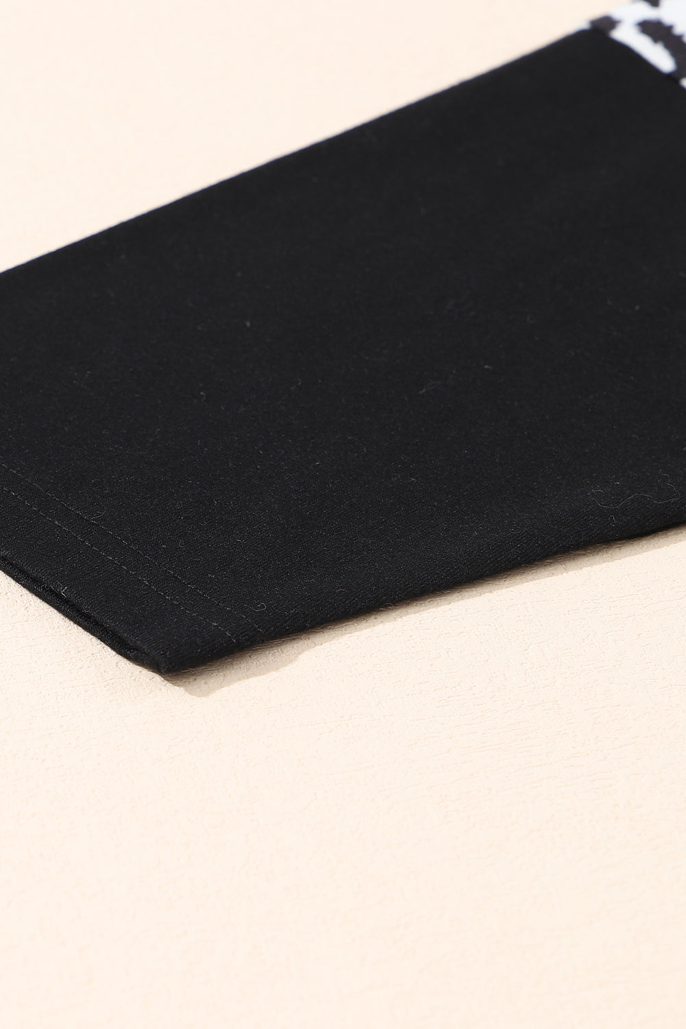 Schwarzes gestreiftes leoparden-patch-ärmel-rüschen-kleid in übergröße