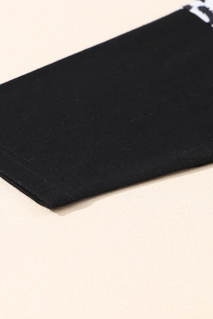 Schwarzes gestreiftes leoparden-patch-ärmel-rüschen-kleid in übergröße
