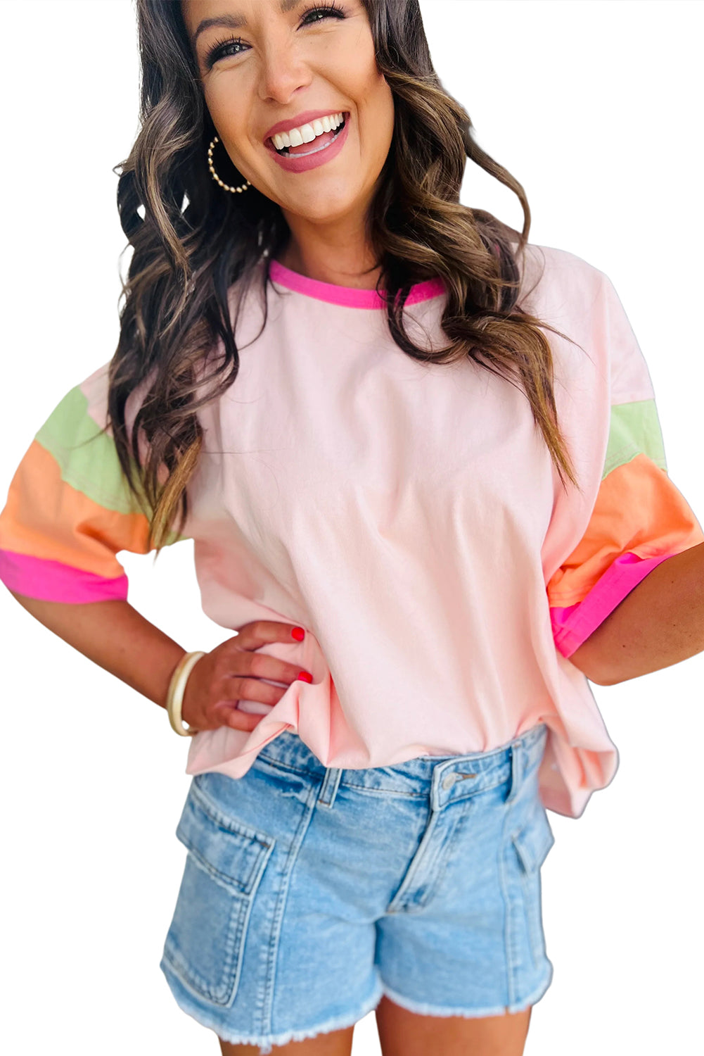 Rosa farbe blocknaht ärmel rundhalsausschnitt oversize top