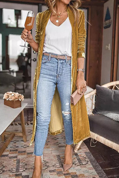 Gelber samt open front pocketed long duster