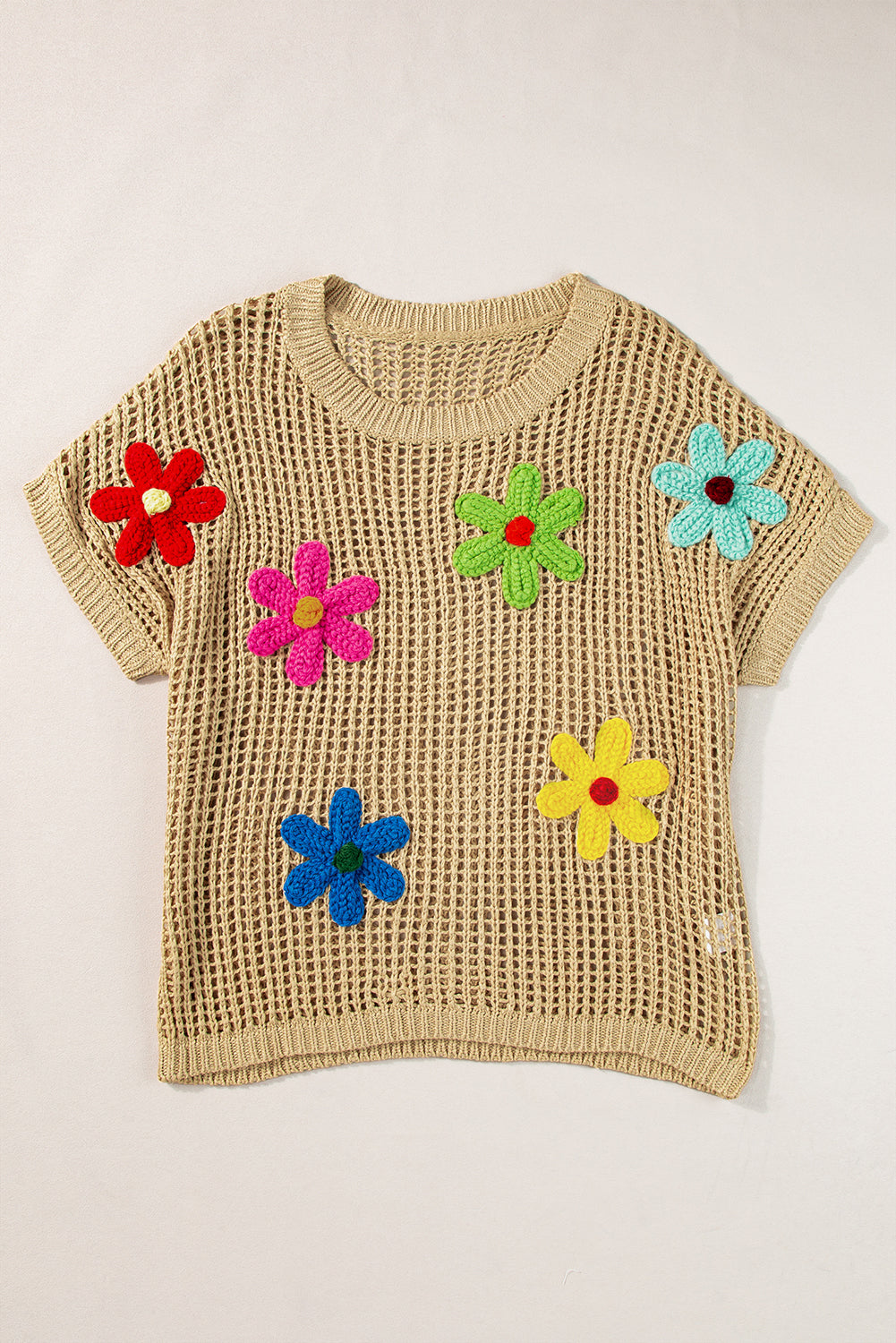 Helles french beige häkelblumen-hohlsaum-pullover-t-shirt