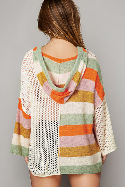 Beige übergroßer colorblock pullover mit kapuze und v-ausschnitt