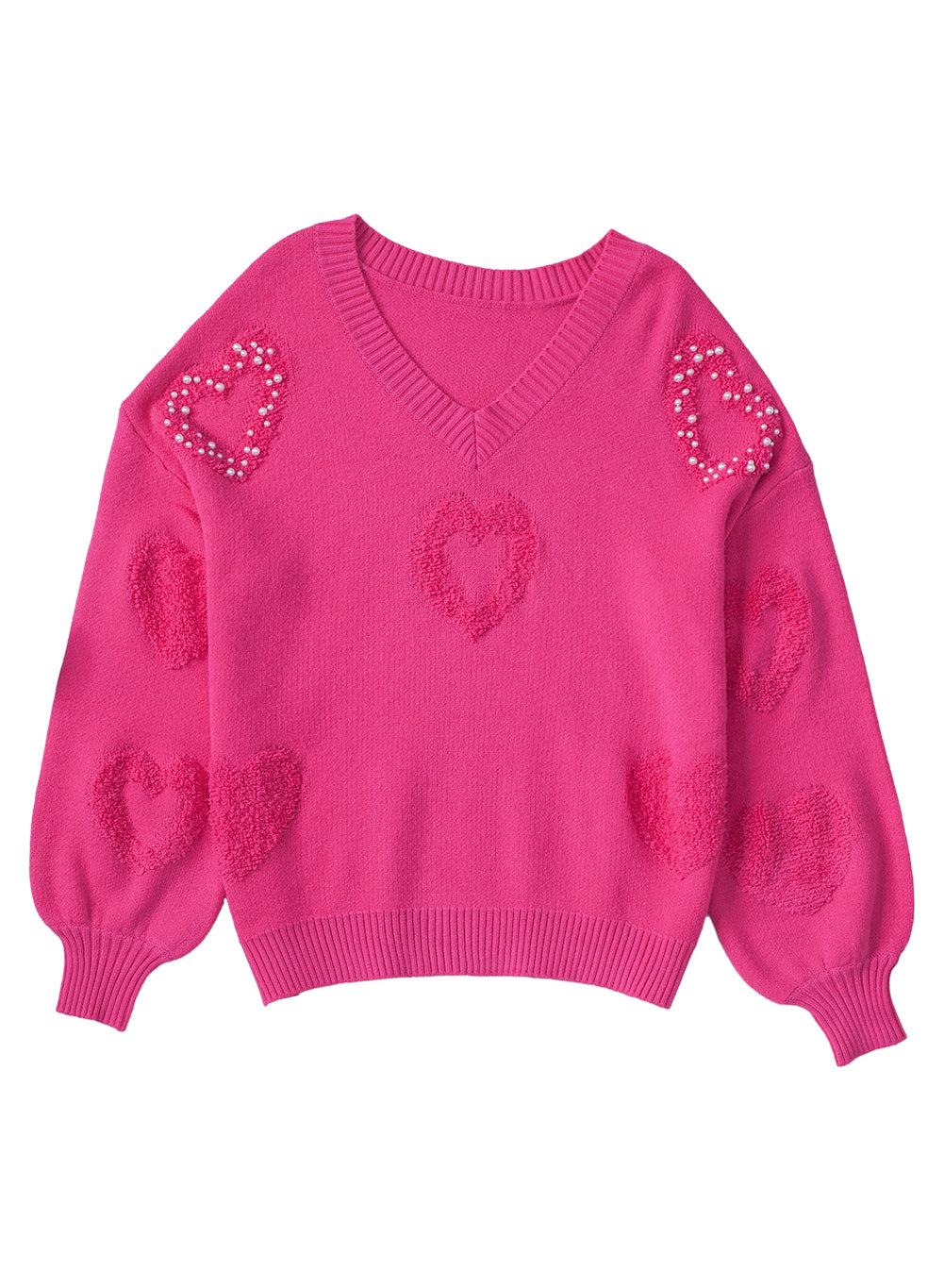 Rosenroter, perlenverzierter pullover mit v-ausschnitt und flauschigen herzen
