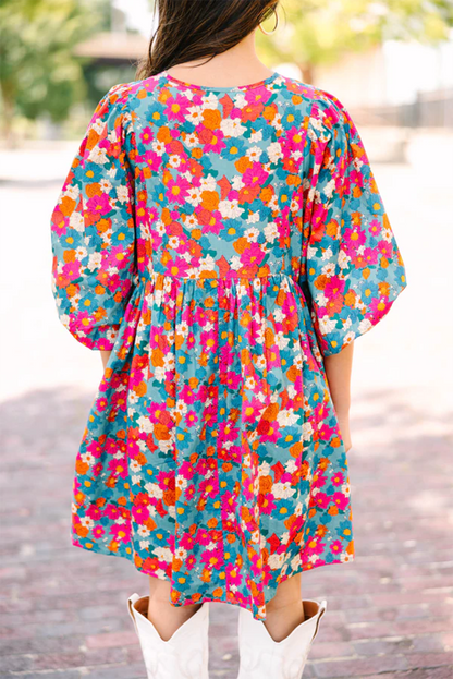 Himmelblau floral print krawatte split neck bubble sleeve babydoll kleid