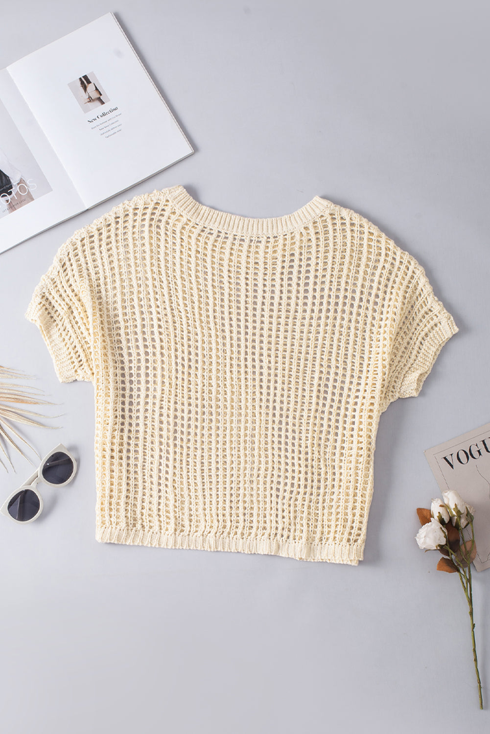 Apricot fischnetz strick gerippt rundhalsausschnitt kurzarm pullover tee