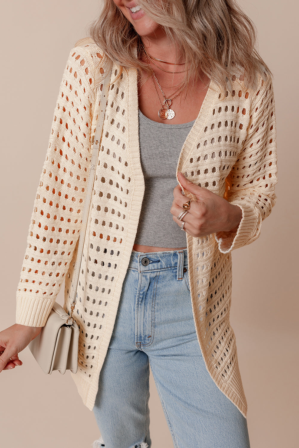 Aprikosenfarbener, offen gestrickter duster cardigan