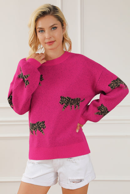 Rose rot fierce animal pattern casual pullover gestrickt
