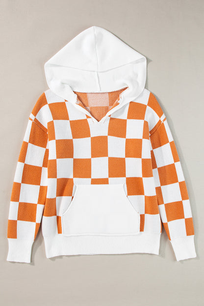 Gold flame checkered split neck kontrast kängurutasche kapuzenpullover