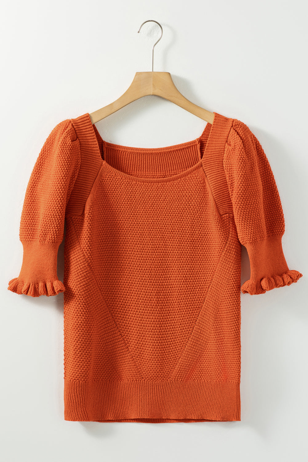 Gold flame textured knit bubble sleeve square neck top