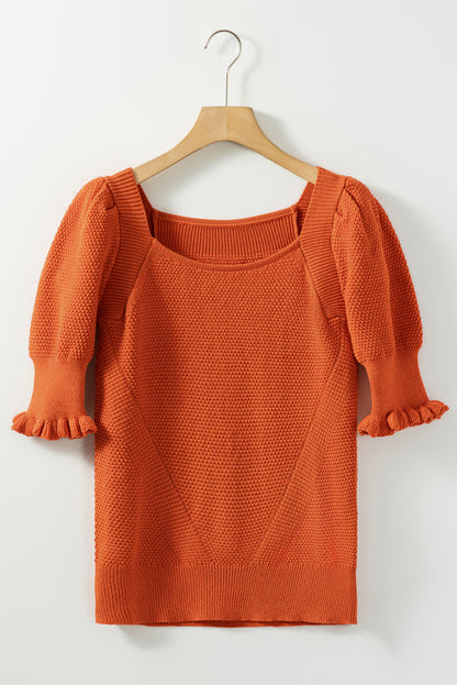 Gold flame textured knit bubble sleeve square neck top