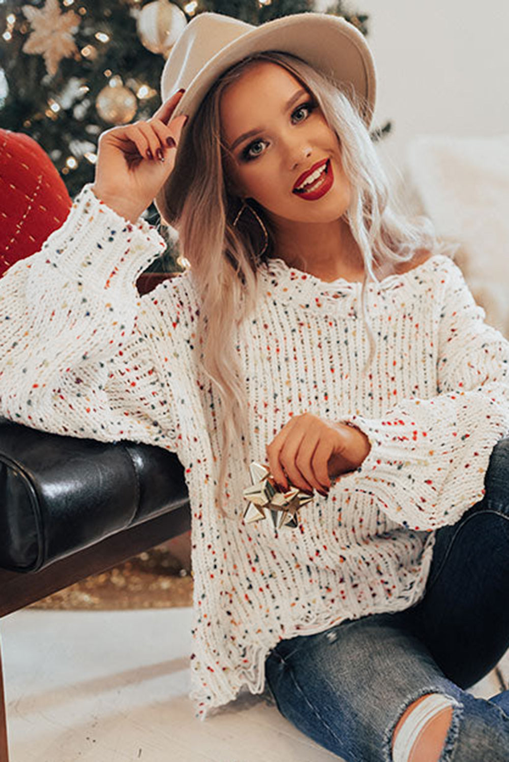 Weißer bunter konfetti distressed strickpullover