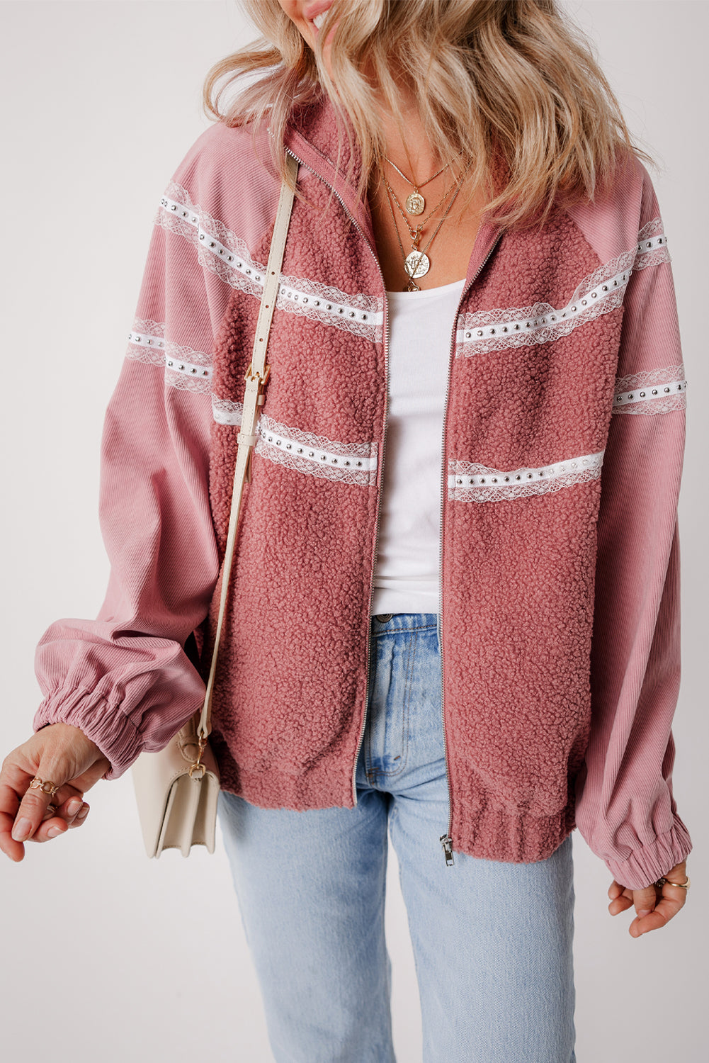 Rosa sherpa patchwork spitze elastische manschette zip up jacke