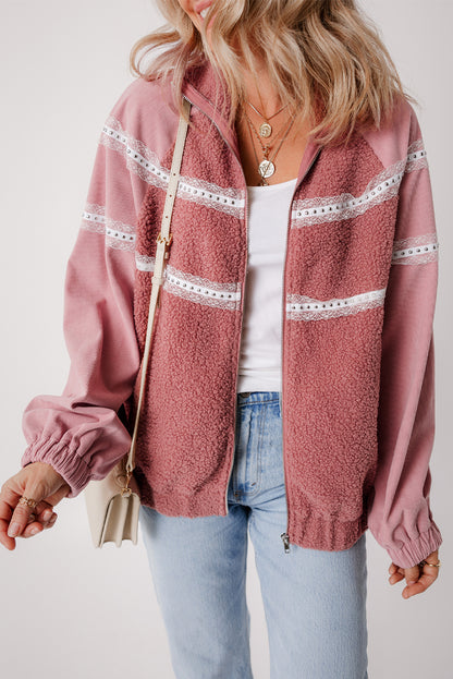 Rosa sherpa patchwork spitze elastische manschette zip up jacke
