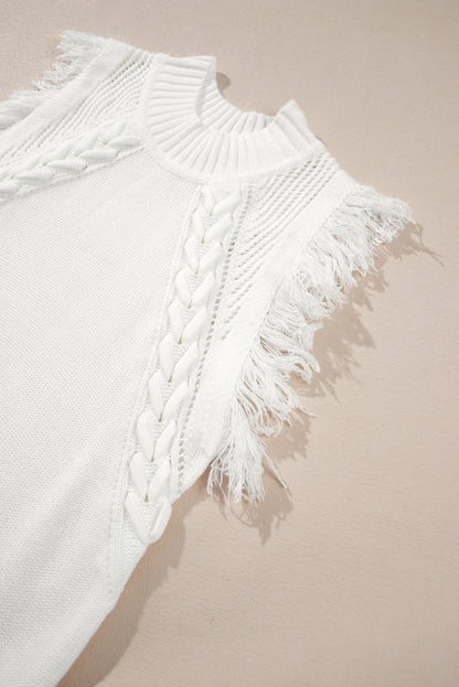 Weißer gewebter ärmelloser pullover mit quastenausschnitt weste