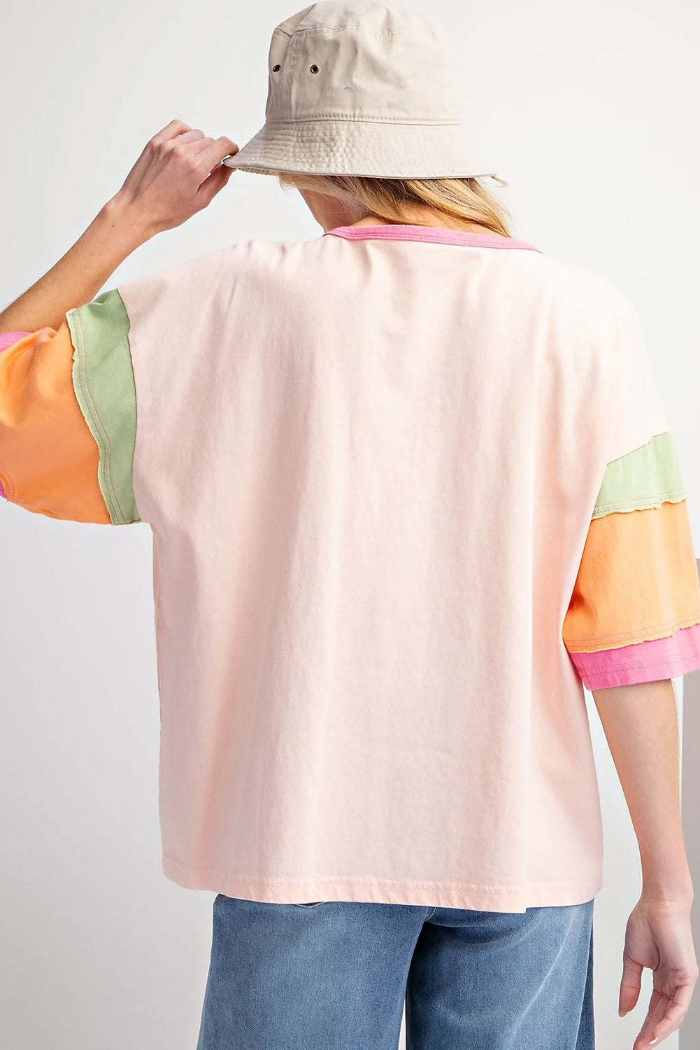 Rosa farbe blocknaht ärmel rundhalsausschnitt oversize top