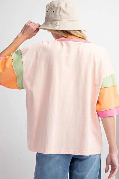Rosa farbe blocknaht ärmel rundhalsausschnitt oversize top
