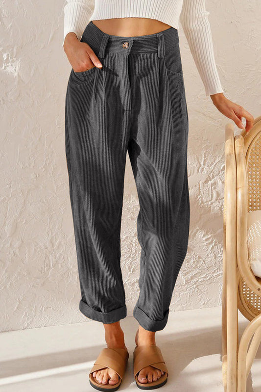 Graue kordhose mit hoher taille und geradem bein