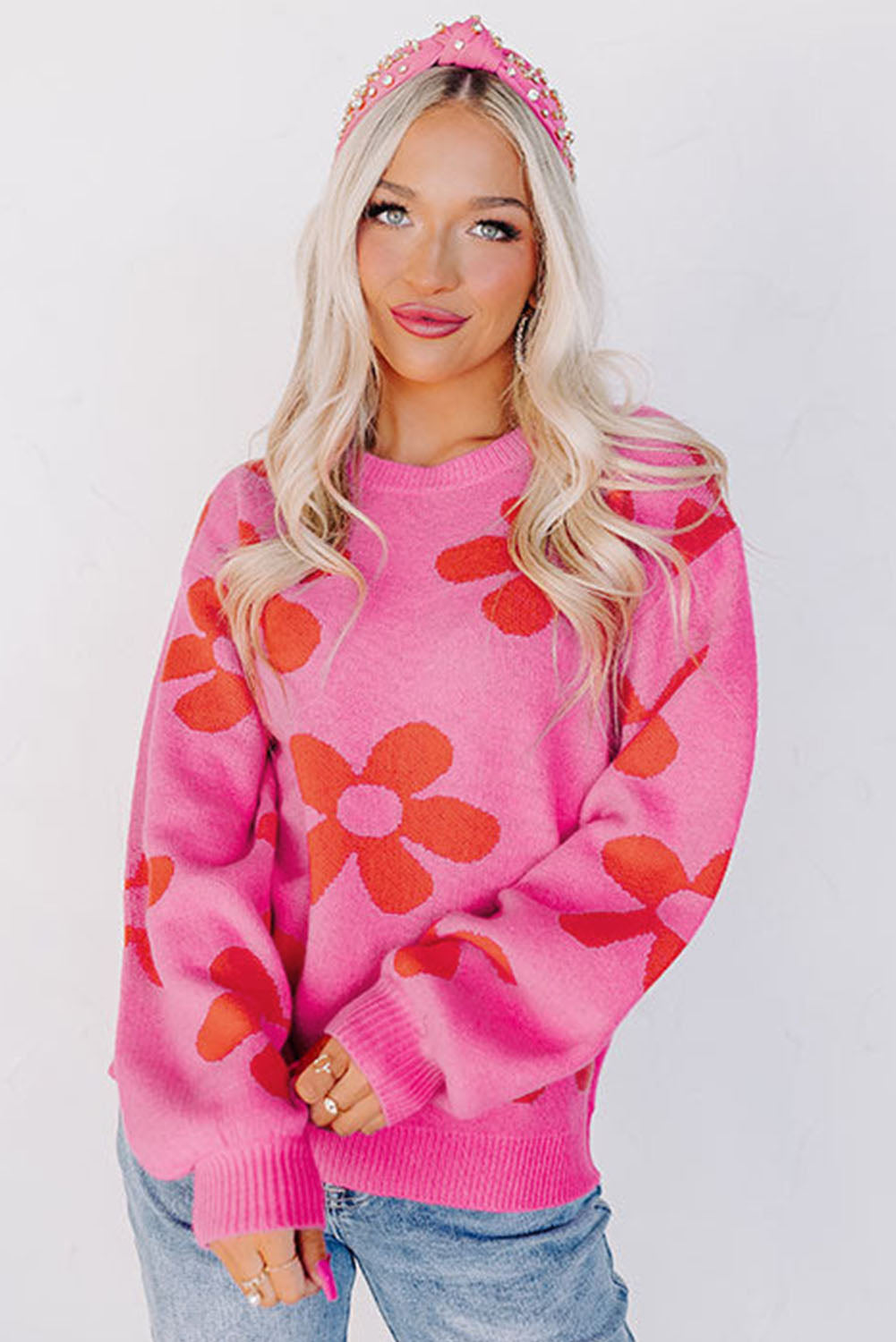 Rose big flower strickpullover mit gerippten abschlüssen