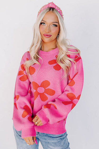 Rose big flower strickpullover mit gerippten abschlüssen