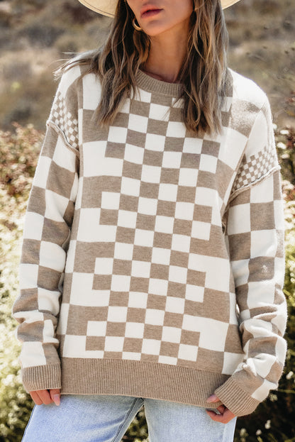 Khaki karo print drop shoulder rundhalsausschnitt pullover