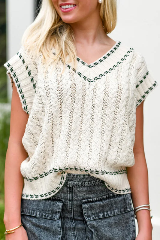 Weißer v-ausschnitt mit kontrastbesatz, pullover mit kabelstrickweste