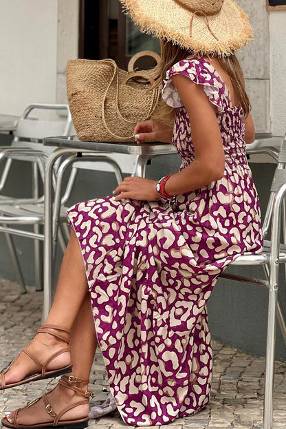Rose leopard rüschenriemen gesmoktes langes kleid mit hoher taille