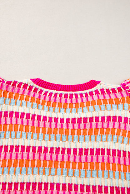 Rose rot multi flutter ärmel gestrickt pullover top