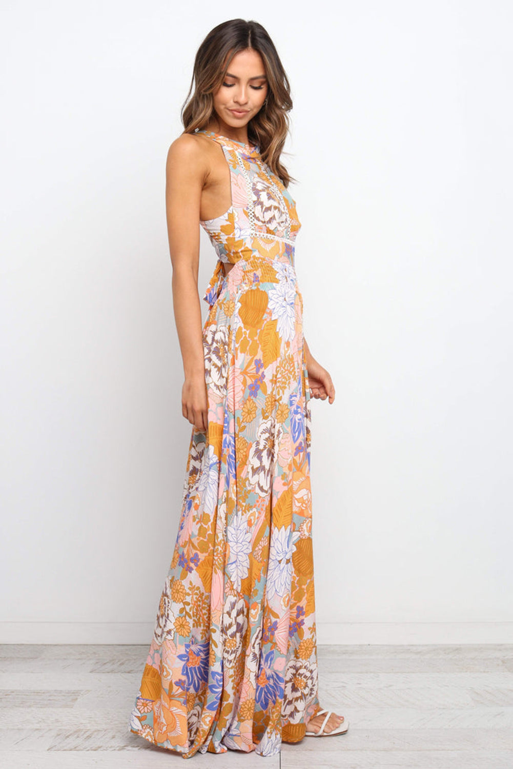 Orange boho floral rückenfreie spitze ärmelloses maxikleid