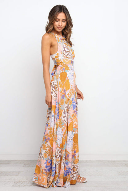 Orange boho floral rückenfreie spitze ärmelloses maxikleid