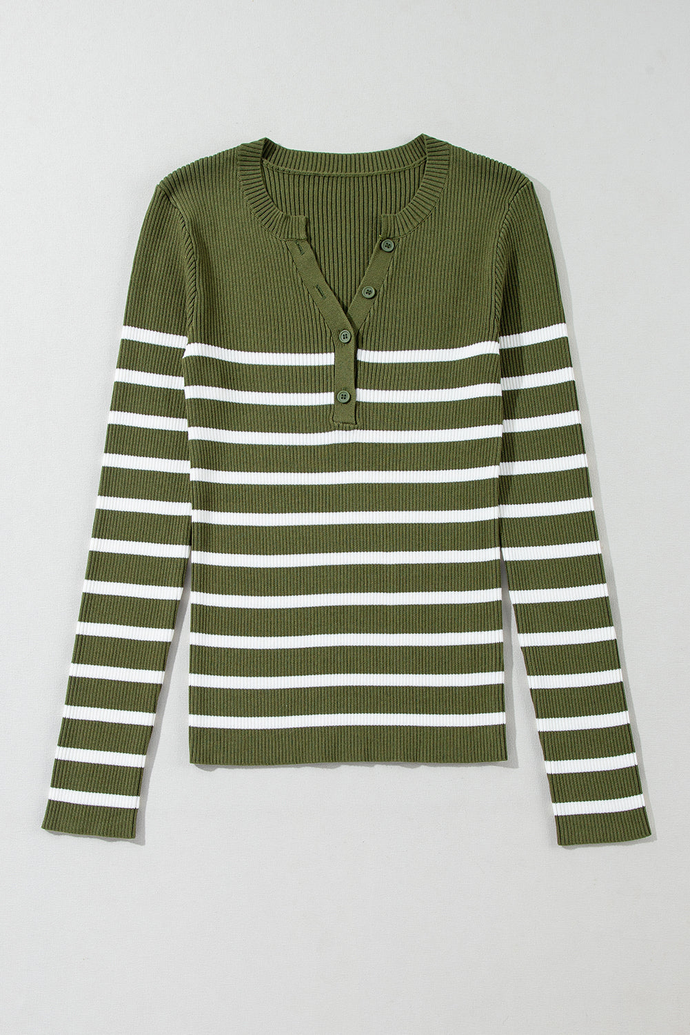 Grüner streifen rippenstrick henley knöpfe slim fit pullover