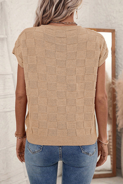 Rauchgrauer strickpullover mit kurzen ärmeln in gitterstruktur