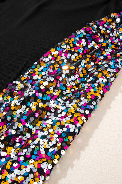 Schwarzes pailletten-läufer-ärmel u-ausschnitt mini-pullover-kleid