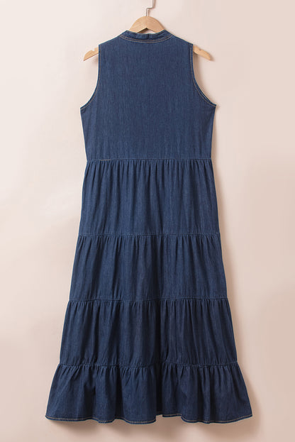 Ärmelloses, gestuftes Maxikleid aus Chambray in echtem Petrol