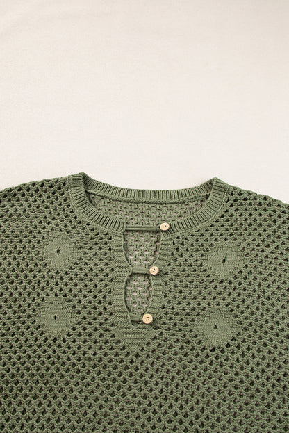 Vineyard green offener strick mit geknöpftem halsausschnitt pullover mit geteilten ärmeln