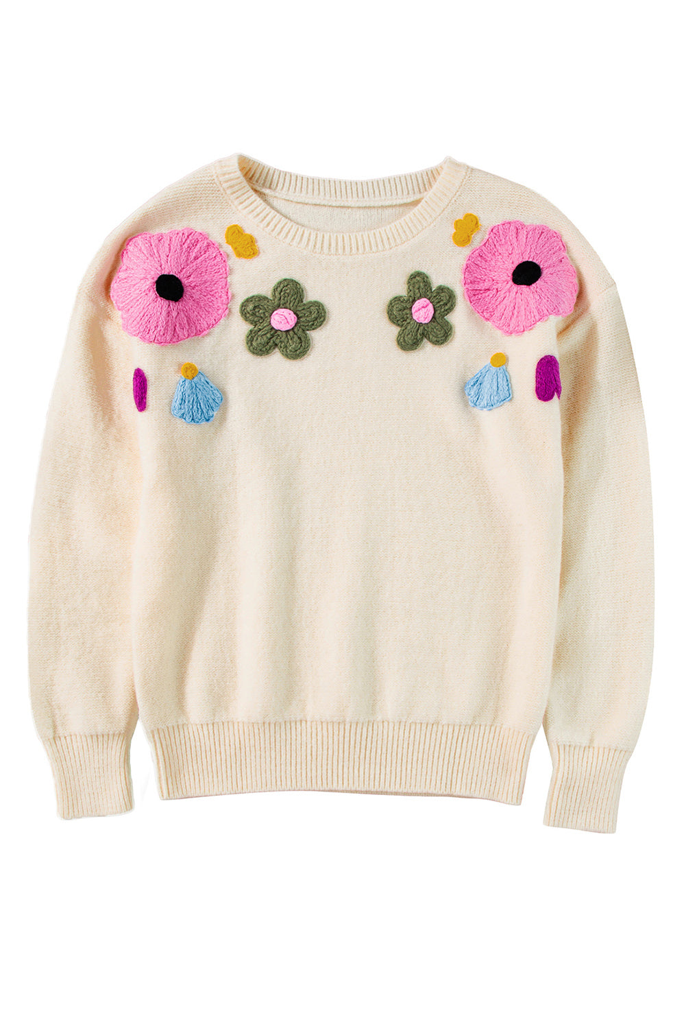 Beige gestrickter pullover mit blumenmuster und geripptem rand