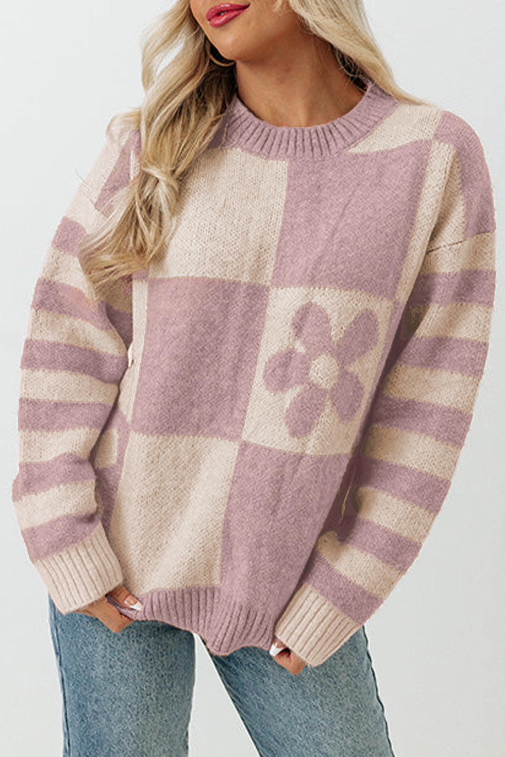 Orchid petal checkered floral print striped sleeve pullover