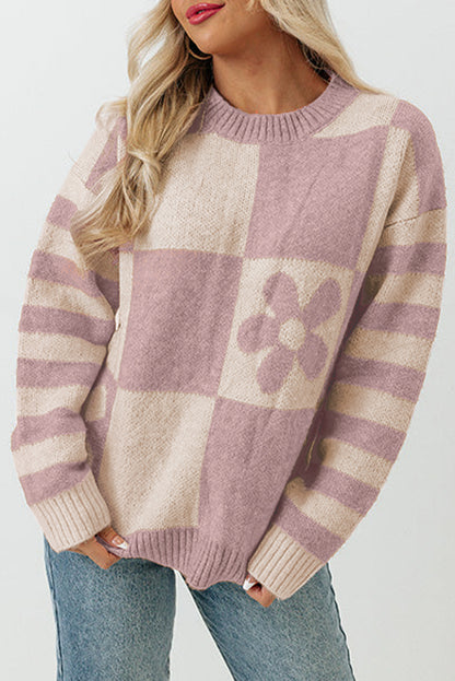 Orchid petal checkered floral print striped sleeve pullover