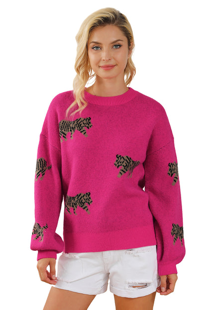 Rose rot fierce animal pattern casual pullover gestrickt