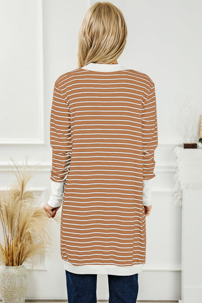 Brauner gestreifter cardigan mit offenen seitentaschen