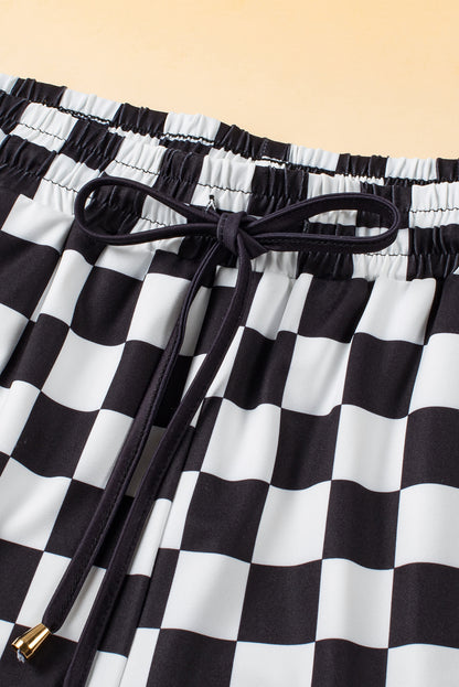 Schwarz karierte Shorts mit elastischer Taille und Kordelzug