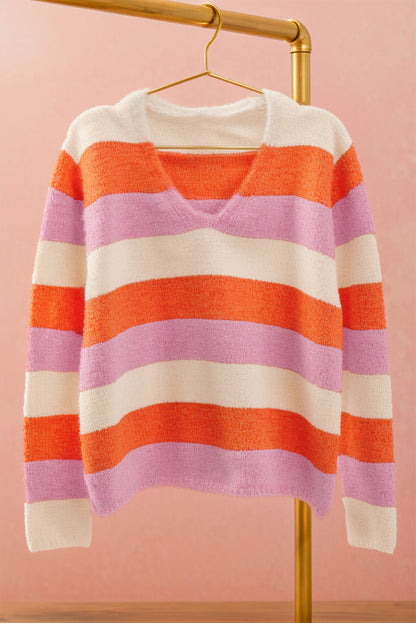 Orange gestreifter colorblock v-ausschnitt freizeitpullover