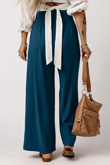Blaue drawstring elastische taille lässige hose mit weitem bein