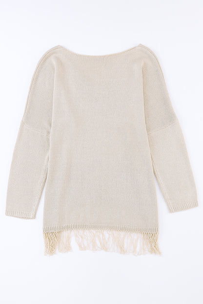 Khaki leichter strickpullover mit fransensaum